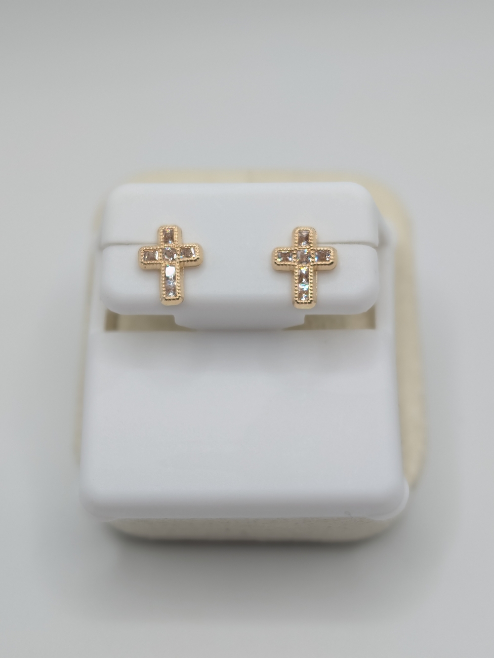 NWT 10K Yellow Gold Baguette CZ Cross Stud Earrings Dainty Religious Jewelry